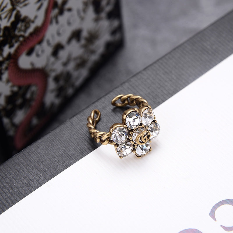 Vintage Crystal Flower Open Ring