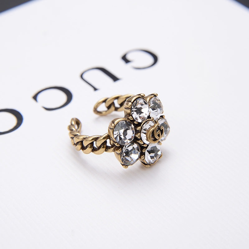 Vintage Crystal Flower Open Ring